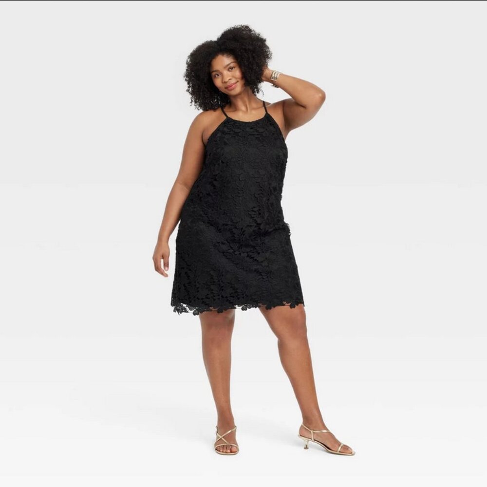 Women's Mini Scalloped Lace Dress - A New Day Black L